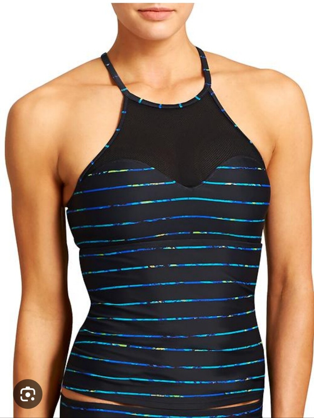 Athleta Black Halter Tankini Top with Blue and Green Accent Stripes